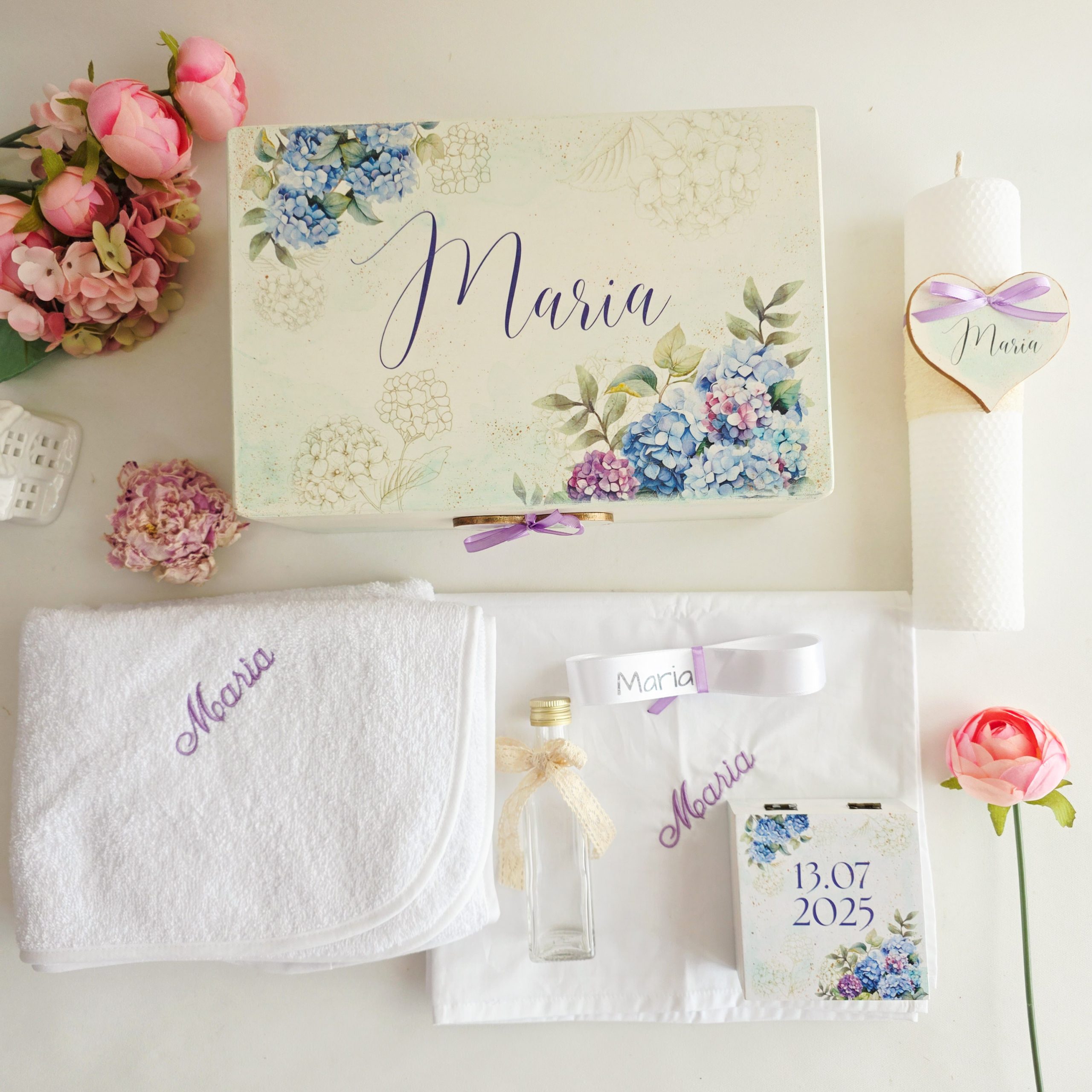 Trusou botez complet cu Lumânare și Cutie Amintiri - Hortensie