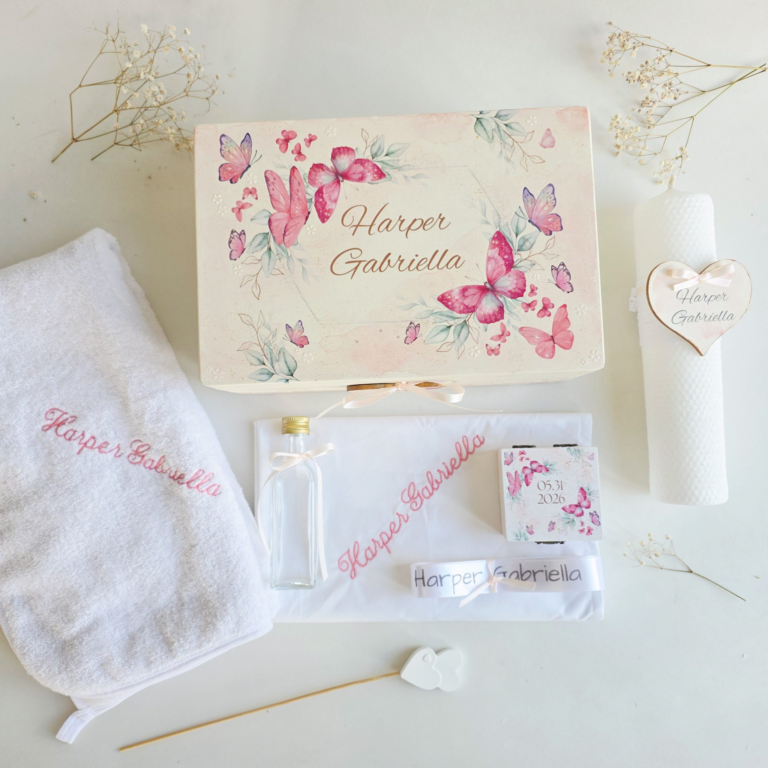 Trusou botez complet cu Lumânare și Cutie Amintiri - Fluturi - imagine 3
